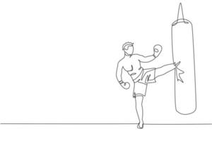 singolo disegno a linea continua di un giovane sportivo kickboxer esercizio laterale calci con sacco da boxe nella palestra. combattere il concetto di sport di kickboxing da competizione. illustrazione vettoriale di un disegno di linea