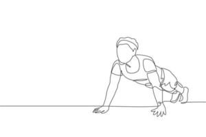 un disegno a linea continua di un giovane sportivo che si allena push up nel centro del club di palestra fitness. sano concetto di sport fitness. illustrazione grafica vettoriale di disegno dinamico a linea singola