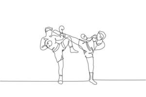 un disegno a linea continua di un giovane pugile muay thai sportivo che prende a calci la testa dell'avversario nel gioco della partita a box arena. concetto di gioco di sport di combattimento. illustrazione vettoriale dinamica del disegno a linea singola