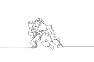 un unico disegno a linea continua di due giovani combattenti di judoka sportivi praticano abilità di judo presso il centro della palestra dojo. lotta contro il jujitsu, concetto di sport di aikido. illustrazione vettoriale di disegno di una linea alla moda