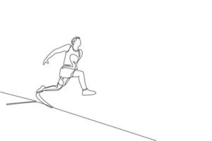 un disegno a linea singola di un giovane esercizio sportivo in esecuzione prima del salto in lungo nell'illustrazione vettoriale della piscina di sabbia. concetto di sport atletico sano. evento di gara. moderno disegno a linea continua