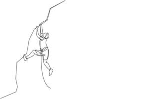un disegno a linea singola di un giovane uomo attivo che si arrampica sulla montagna della scogliera che tiene l'illustrazione grafica di vettore della corda di sicurezza. concetto di sport estremo all'aperto e bouldering. moderno disegno a linea continua