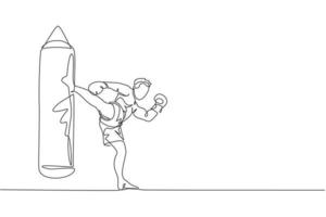 un disegno a linea singola di giovane uomo energico kickboxer pratica calci alti con sacco da boxe nell'illustrazione vettoriale dell'arena di boxe. concetto di sport di stile di vita sano. moderno disegno a linea continua
