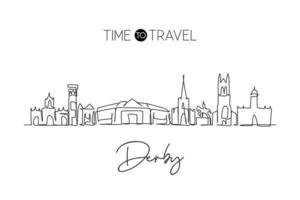 skyline della città di derby con disegno a linea continua singola, regno unito. famoso paesaggio di raschietto della città. concetto di stampa di poster di arte della decorazione della parete di casa di viaggio del mondo. illustrazione vettoriale moderna di disegno di una linea