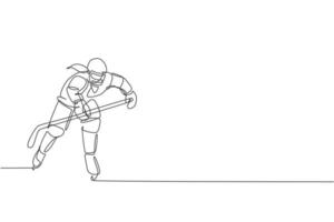 un unico disegno a linea continua di un giovane giocatore professionista di hockey su ghiaccio colpisce il disco e attacca l'arena della pista di pattinaggio. concetto di sport invernale estremo. illustrazione grafica vettoriale alla moda di una linea