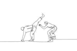 un disegno a linea continua di due giovani combattenti brasiliani sportivi che allenano la capoeira sulla spiaggia. sano concetto di sport da combattimento tradizionale. illustrazione vettoriale dinamica del disegno a linea singola