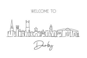 singola linea di disegno derby skyline della città, regno unito. paesaggio storico mondiale della città. migliore cartolina di destinazione per le vacanze. tratto modificabile illustrazione vettoriale di disegno a linea continua alla moda