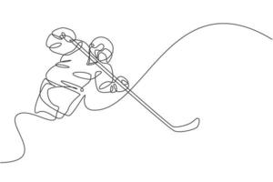 un disegno a linea singola di un giovane giocatore di hockey su ghiaccio in azione per giocare a un gioco competitivo sull'illustrazione grafica vettoriale dello stadio della pista di pattinaggio. concetto di torneo sportivo. moderno disegno a linea continua