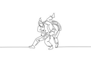 una linea continua che disegna due giovani donne sportive che allenano la tecnica del judo al palazzetto dello sport. concetto di competizione sportiva di combattimento di battaglia di jiu jitsu. illustrazione grafica vettoriale dinamica con disegno a linea singola