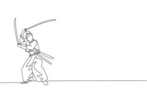 un disegno a linea continua di un giovane guerriero samurai coraggioso in posa pronto ad attaccare durante la sessione di allenamento. concetto di sport da combattimento di arte marziale. illustrazione grafica vettoriale dinamica con disegno a linea singola