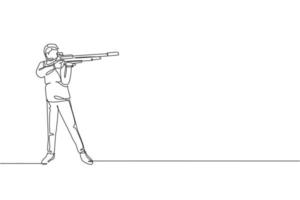 un disegno a linea continua di un giovane sulla pratica del campo di addestramento di tiro per la competizione con la pistola a pistola. concetto di sport di tiro all'aperto. illustrazione vettoriale dinamica del disegno a linea singola