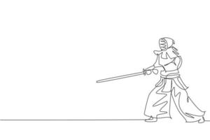 disegno a linea continua singola di giovane sportivo che pratica posizione kendo posizione abilità di arti marziali su palestra centro sportivo. concetto di sport da combattimento. illustrazione vettoriale di disegno di una linea alla moda