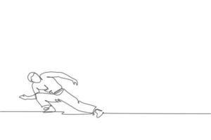 unico disegno a linea continua di giovane sportivo pratica la capoeira brasiliana danza in movimento in strada all'aperto. cultura di arte marziale e concetto di sport. illustrazione vettoriale di disegno di una linea alla moda