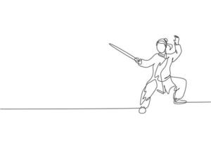 disegno a linea continua singola di combattente di wushu di giovane donna, maestro di kung fu in allenamento uniforme con la spada al centro del dojo. concetto di concorso di combattimento. illustrazione vettoriale di disegno di una linea alla moda
