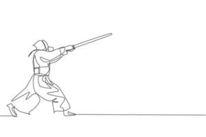 un disegno a linea singola di un giovane uomo energico esercizio attacco movimento kendo con spada di legno in palestra centro illustrazione grafica vettoriale. concetto di sport da combattimento combattivo. moderno disegno a linea continua vettore