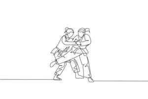 una linea continua che disegna due giovani donne sportive che allenano la tecnica del judo al palazzetto dello sport. concetto di competizione sportiva di combattimento di battaglia di jiu jitsu. illustrazione grafica vettoriale di disegno dinamico a linea singola