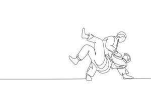 un disegno a linea continua di due giovani uomini sportivi che allenano la tecnica del judo al palazzetto dello sport. concetto di competizione sportiva di combattimento di battaglia di jiu jitsu. illustrazione vettoriale di disegno grafico dinamico a linea singola
