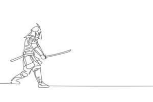 un disegno a linea singola di un giovane guerriero samurai giapponese che tiene la spada katana che si esercita al centro di dojo illustrazione vettoriale grafica. concetto di arte marziale combattiva. moderno disegno a linea continua