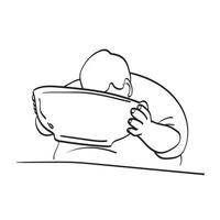 uomo grasso che beve zuppa da una grande ciotola illustrazione vettore disegnato a mano isolato su sfondo bianco linea art.