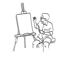 artista maschio che disegna su tela bianca su treppiede illustrazione vettoriale disegnato a mano isolato su sfondo bianco line art.