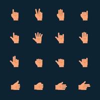icone dei gesti delle mani e delle mani con sfondo nero vettore
