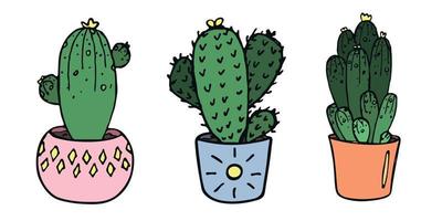 set di cactus semplici disegnati a mano carino. clipart di pianta d'appartamento in una pentola. illustrazione di cactus. scarabocchio casa accogliente. vettore