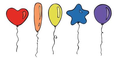 insieme disegnato a mano dell'illustrazione variopinta del pallone di volo. doodle di palloncini per feste di compleanno. clipart di vacanza. vettore