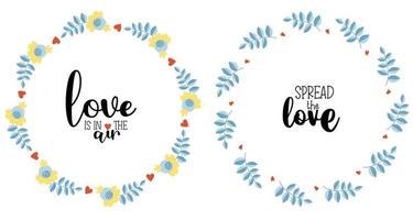 due carte floreali rotonde: l'amore è nell'aria e diffondi l'amore. cornice botanica con fiori e rami illustrazione vettoriale per arredamento, design, stampa e tovaglioli, segno e cartolina