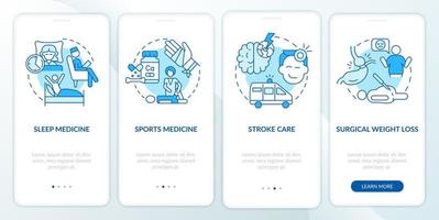 servizi per i pazienti blu onboarding schermata dell'app mobile. assistenza medica procedura dettagliata 4 passaggi pagine di istruzioni grafiche con concetti lineari. ui, ux, modello gui. vettore