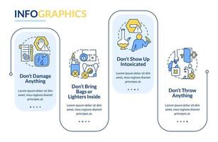 modello di infografica rettangolo precauzioni per la stanza di fuga. non danneggiare le cose. visualizzazione dei dati con 4 passaggi. grafico delle informazioni sulla sequenza temporale del processo. layout del flusso di lavoro con icone di linea. vettore