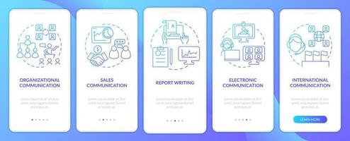 la comunicazione aziendale forma lo schermo dell'app mobile onboarding gradiente blu. procedura dettagliata 5 passaggi pagine di istruzioni grafiche con concetti lineari. ui, ux, modello gui. vettore