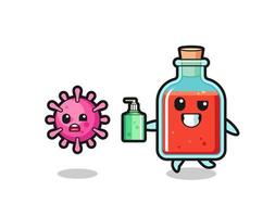 illustrazione del personaggio quadrato della bottiglia di veleno che insegue il virus malvagio con un disinfettante per le mani vettore