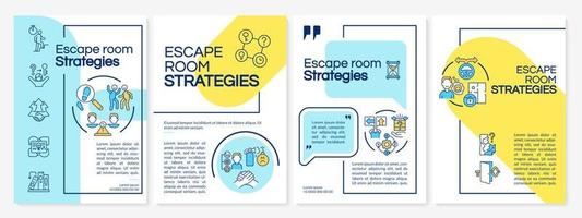 modello di brochure blu e giallo delle strategie vincenti della stanza di fuga. risolvere enigmi. design volantino con icone lineari. 4 layout vettoriali per la presentazione, relazioni annuali.