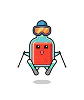 personaggio mascotte bottiglia di veleno quadrato come giocatore di sci vettore