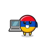 illustrazione della mascotte della bandiera dell'armenia con un computer portatile vettore