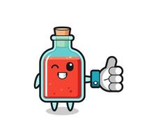 simpatica bottiglia di veleno quadrata con il simbolo dei pollici in su dei social media vettore