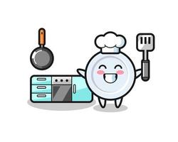 illustrazione del personaggio della piastra mentre uno chef sta cucinando vettore