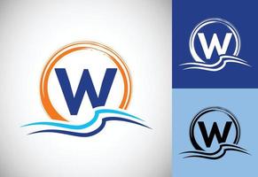 lettera iniziale del monogramma w con le onde dell'oceano d'acqua e il sole. concetto di design del logo della spiaggia vettore