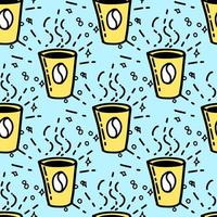 motivo senza cuciture con illustrazione tazza di caffè in un colore giallo blu stile doodle. vettore
