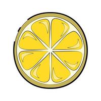 immagine vettoriale di una fetta di limone con un contorno nero. illustrazione vettoriale a colori, icona, per la progettazione di prodotti, stampa su tessuti, biglietti da visita, logo, tatuaggi