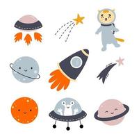 set di adesivi per bambini sul tema dello spazio. pianeta e astronave. illustrazione di doodle di vettore. vettore