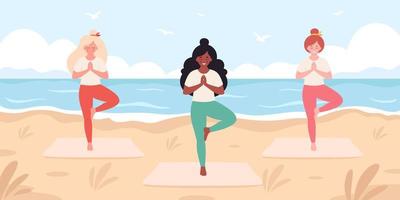 donne che fanno yoga sulla spiaggia. ciao estate, svago estivo, vacanze, stile di vita sano vettore
