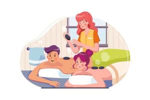 giovane coppia che fa un massaggio con pietre calde in un salone spa vettore