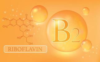 vitamina b2, riboflavina, gocce d'acqua, capsula su fondo arancione. complesso vitaminico con formula chimica. poster medico informativo. illustrazione vettoriale