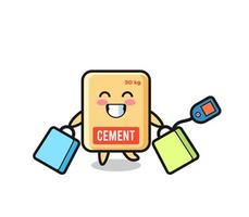 cartone animato della mascotte del sacco di cemento che tiene una borsa della spesa