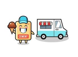 cartone animato mascotte del sacco di cemento con camion dei gelati vettore