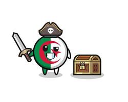 il personaggio dei pirati della bandiera dell'algeria che tiene la spada accanto a una scatola del tesoro vettore