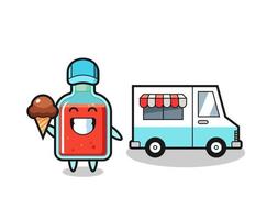 mascotte cartone animato di bottiglia quadrata veleno con camion dei gelati vettore