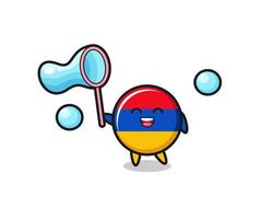 cartone animato felice bandiera armena giocando a bolla di sapone vettore