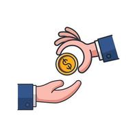 icona sottile colorata di denaro che dà mano, illustrazione vettoriale del concetto di affari e finanza.